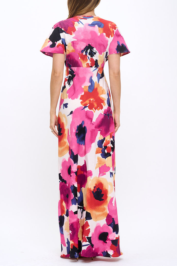 Floral Print Deep V neck Kimono Style Maxi Dress