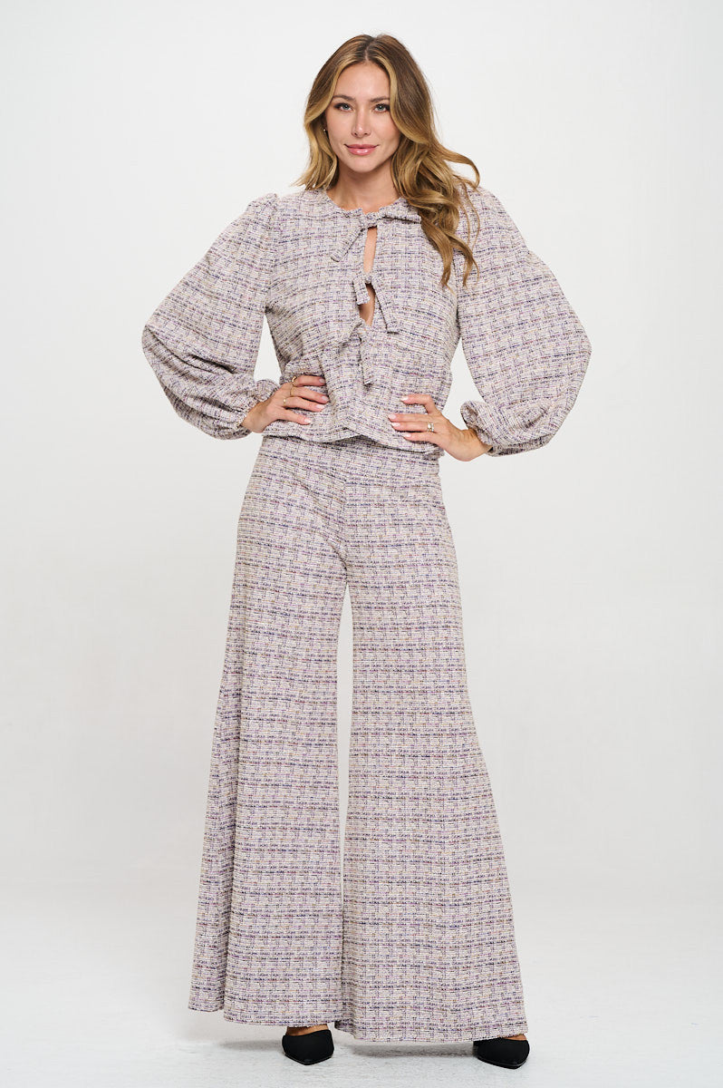 Plaid Tweed Knit with Wide Leg Pants