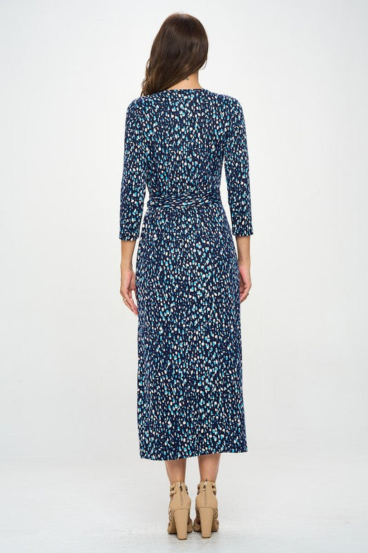 Brushed Knit Print V neck Jersey Wrap Maxi Dress with Tie-4