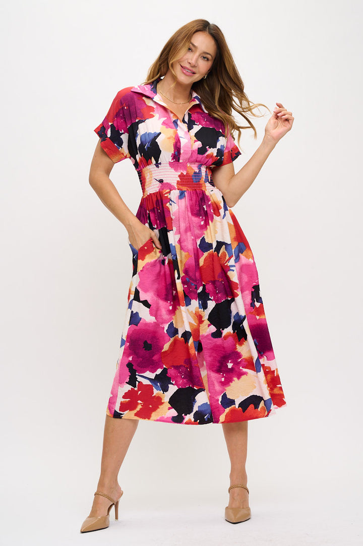 Floral Print V neck Collared Dress with Smock Waist Detail