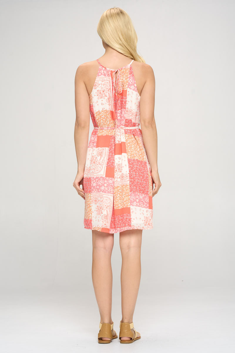 Sleeveless Patch Print Dress with Tie