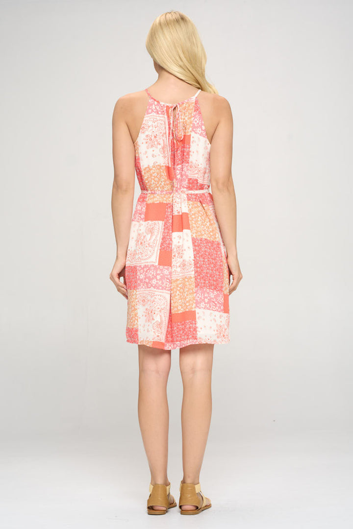 Sleeveless Patch Print Dress with Tie