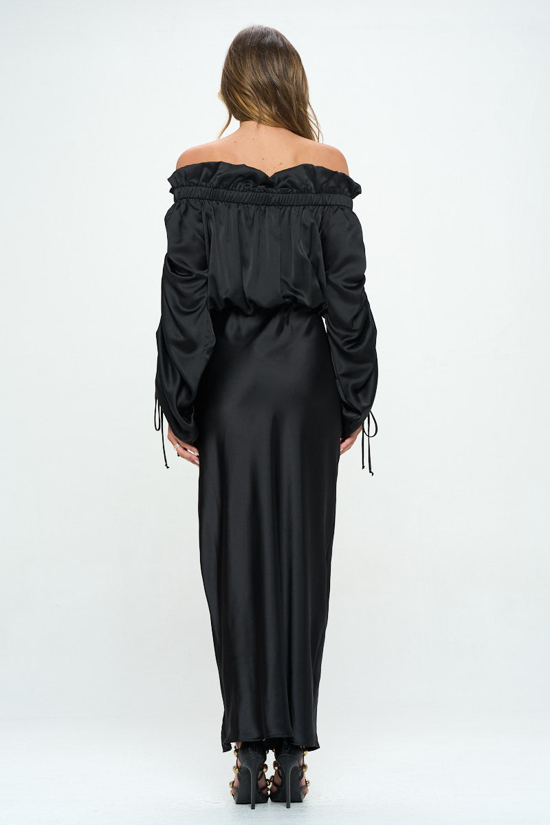 Satin Offshoulder Dress w/ Ruched Sleeve and Slit