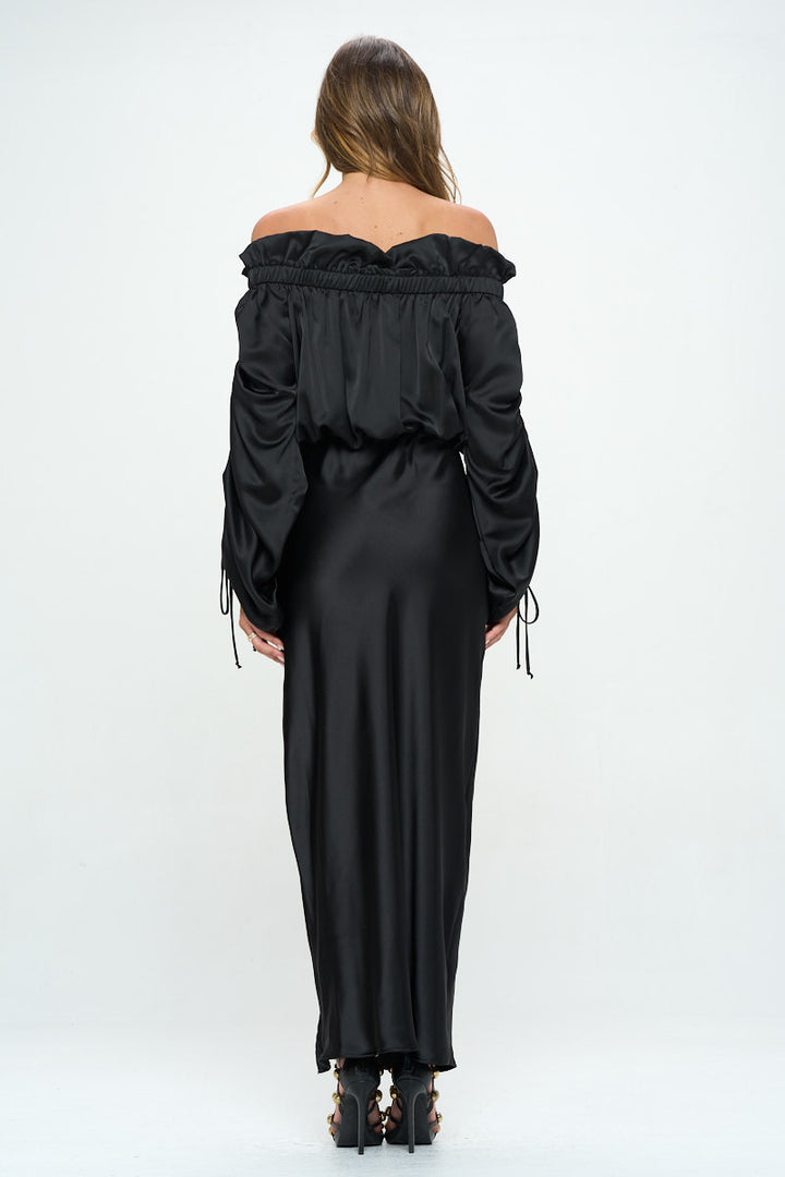 Satin Offshoulder Dress w/ Ruched Sleeve and Slit