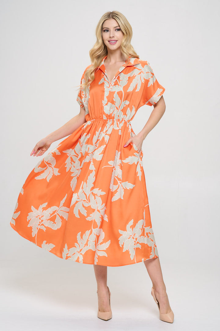 Flower Print Collared V neck Dress with Pockets
