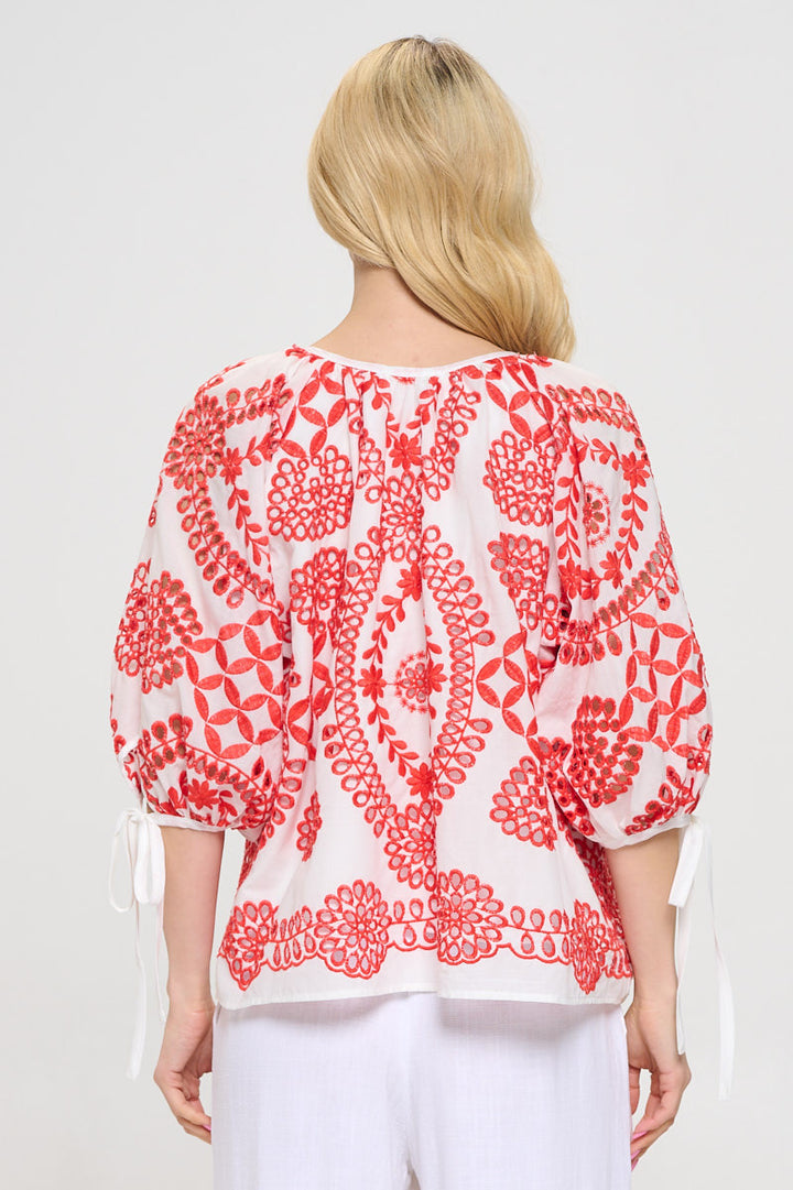 Embroidered Cotton V neck Half Puff Sleeve Top with Tie