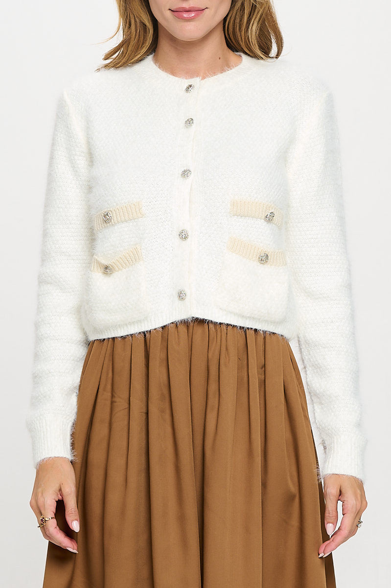 Fuzzy Long Sleeve Cardigan with Two Pockets Detail and Buttons