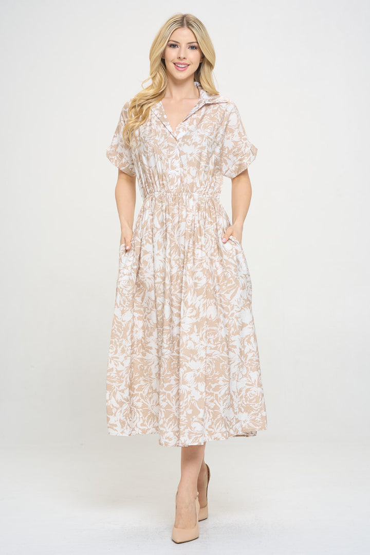 Flower Print Collared V neck Dress with Pockets