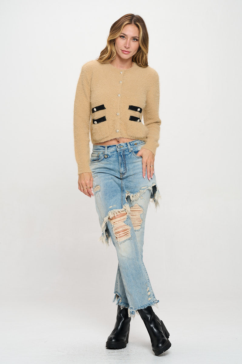 Fuzzy Long Sleeve Cardigan with Two Pockets Detail and Buttons.