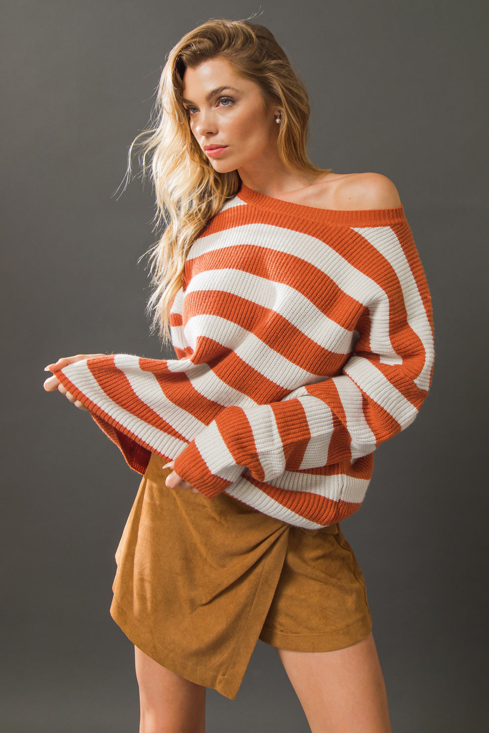 Rust and ivory striped sweater top, off-shoulder style