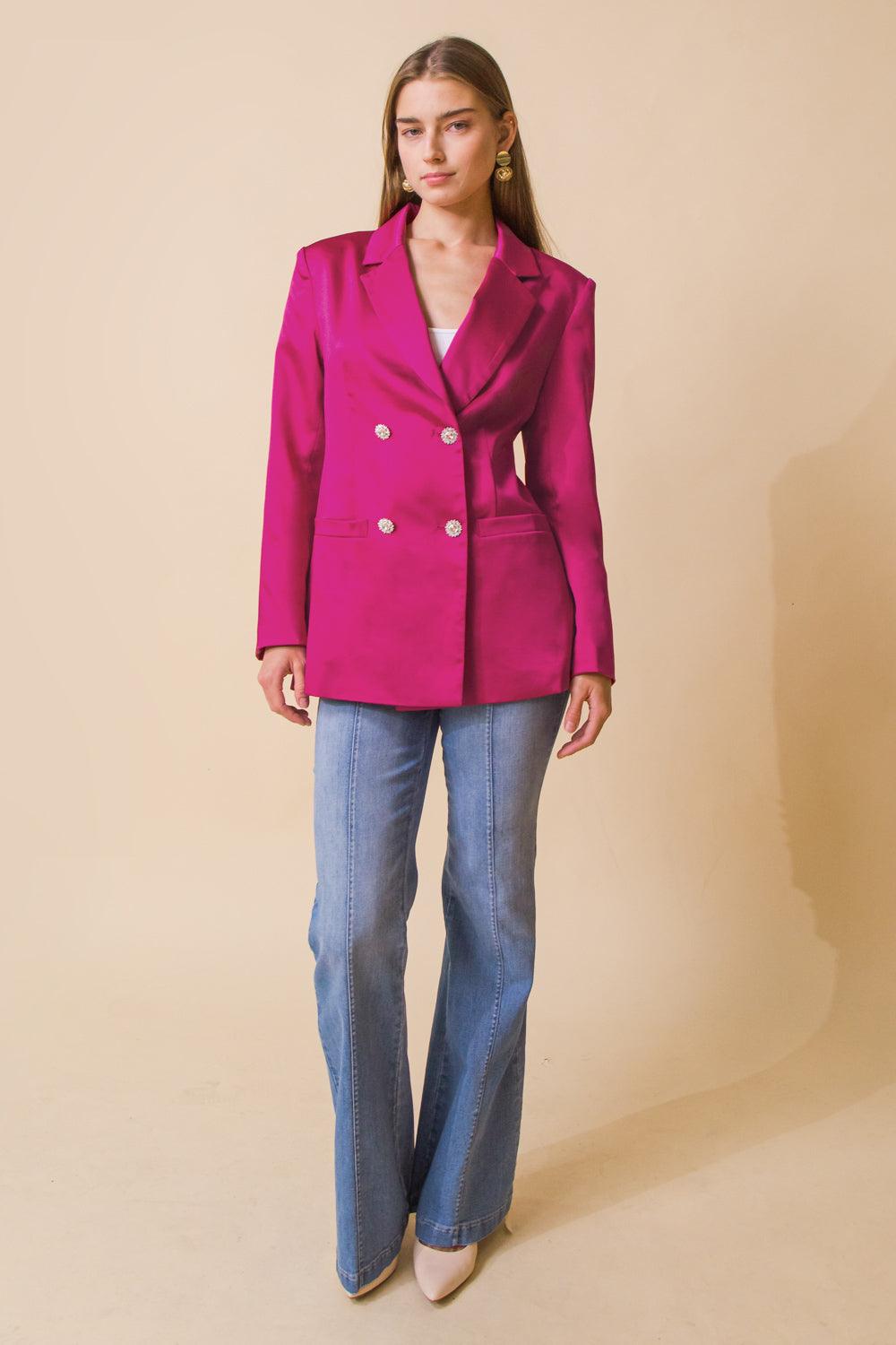 Pink double-breasted blazer with jeans