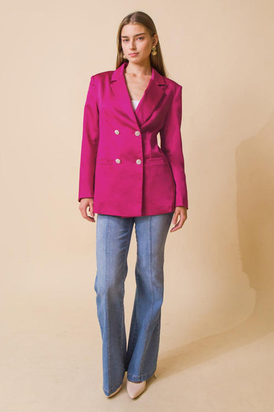 Pink double-breasted blazer with jeans