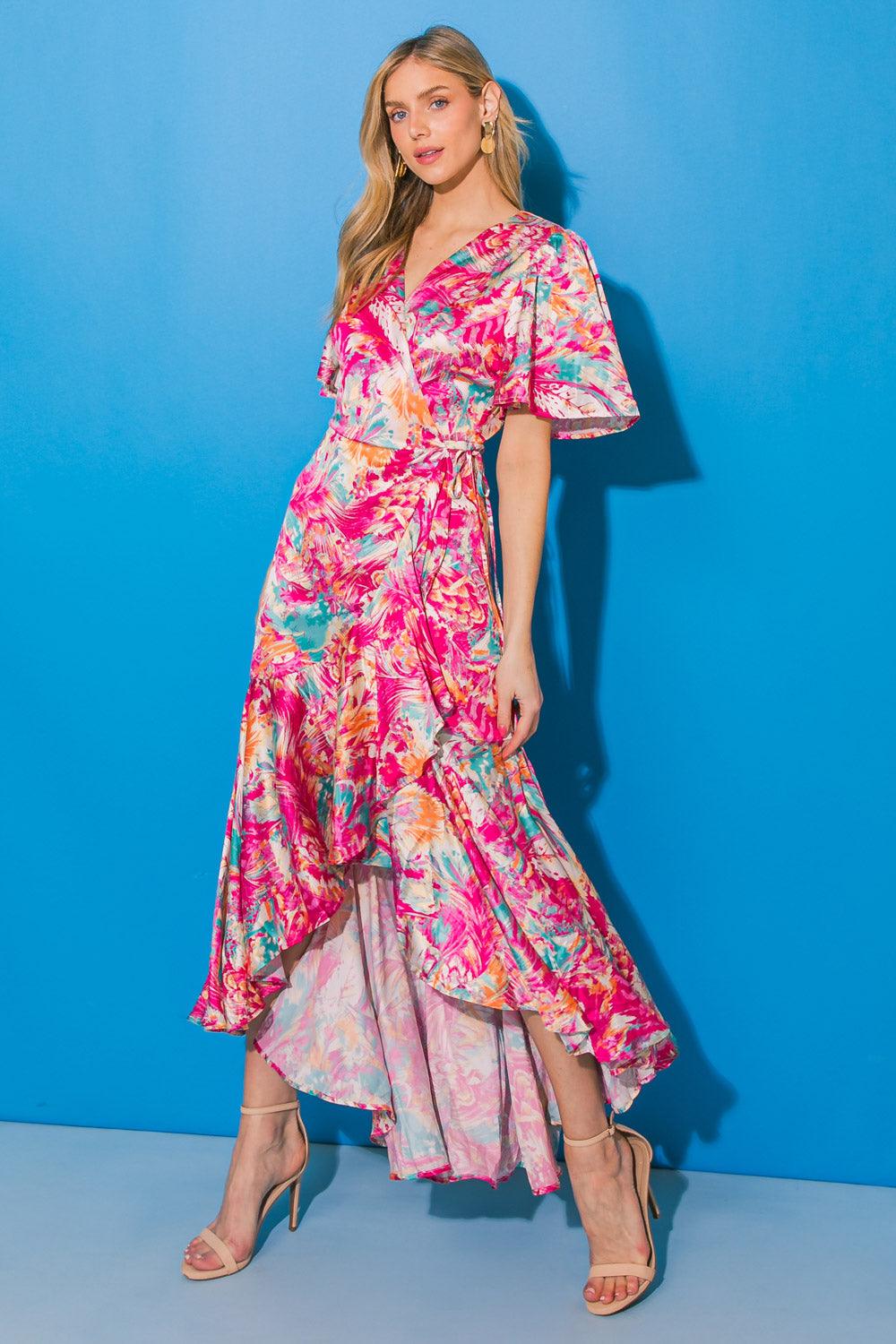 CAUSE TO CELEBRATE HI-LO SATIN MAXI DRESS