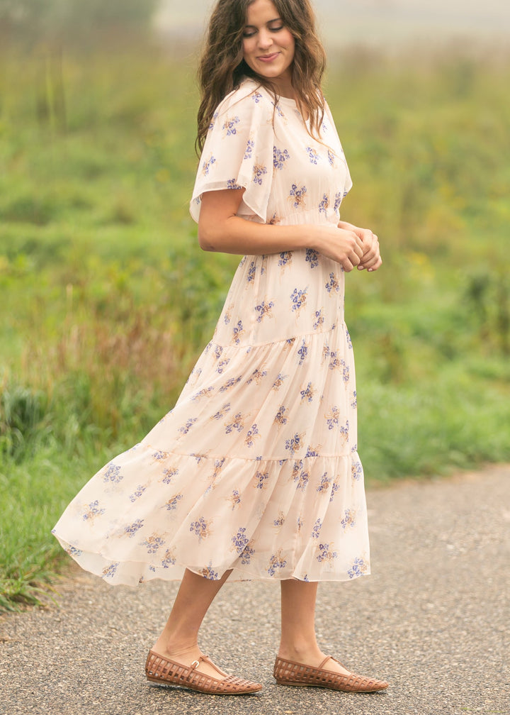 Gina Pink Floral Short Sleeve Tiered Midi Dress