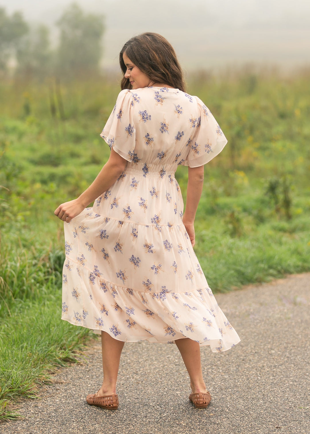Gina Pink Floral Short Sleeve Tiered Midi Dress