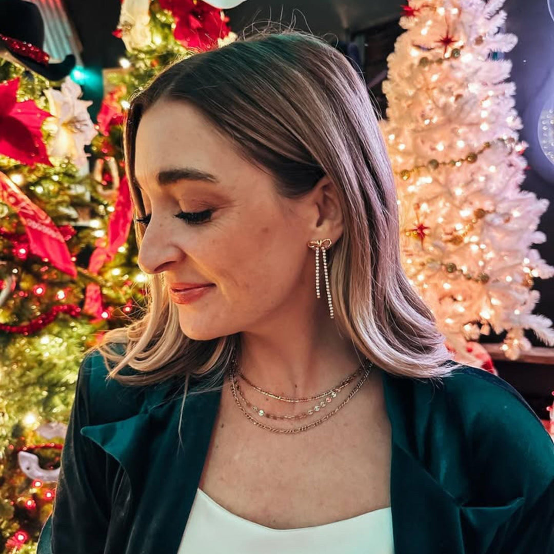 Gold Long Crystal Bow Drop Studs