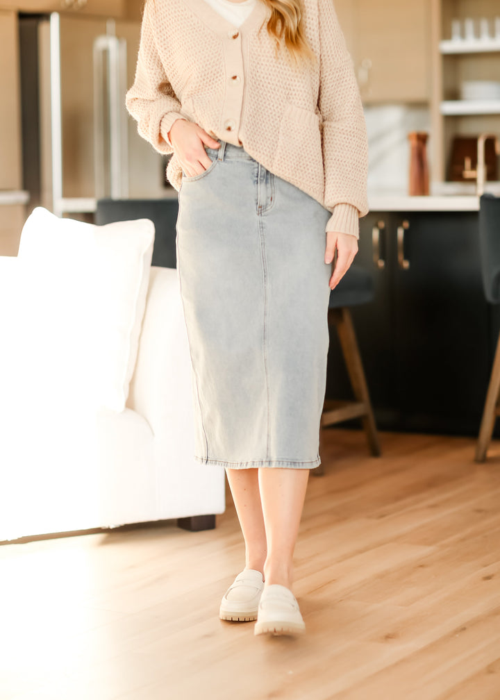 Greta Light Wash Midi Denim Skirt