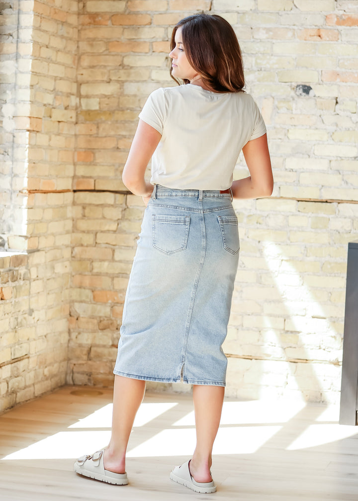 Greta Light Wash Midi Denim Skirt