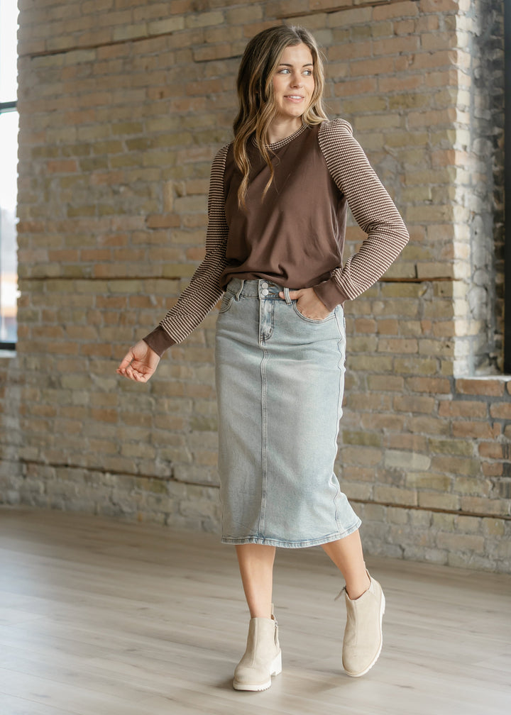 Greta Light Wash Midi Denim Skirt