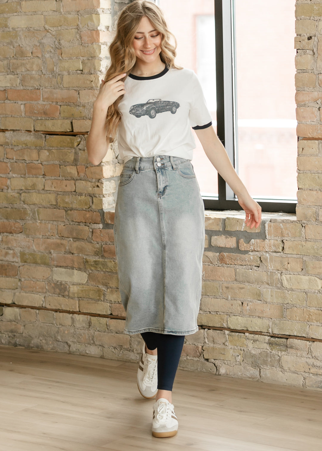 Greta Light Wash Midi Denim Skirt