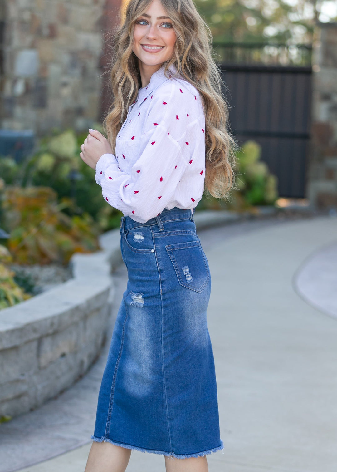 Hadley High Rise Denim Midi Skirt