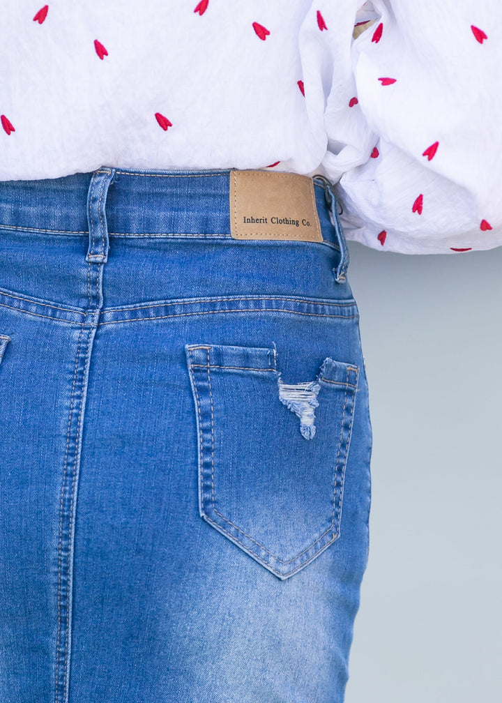 Hadley High Rise Denim Midi Skirt