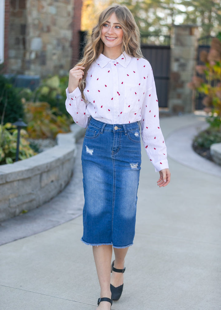 Hadley High Rise Denim Midi Skirt
