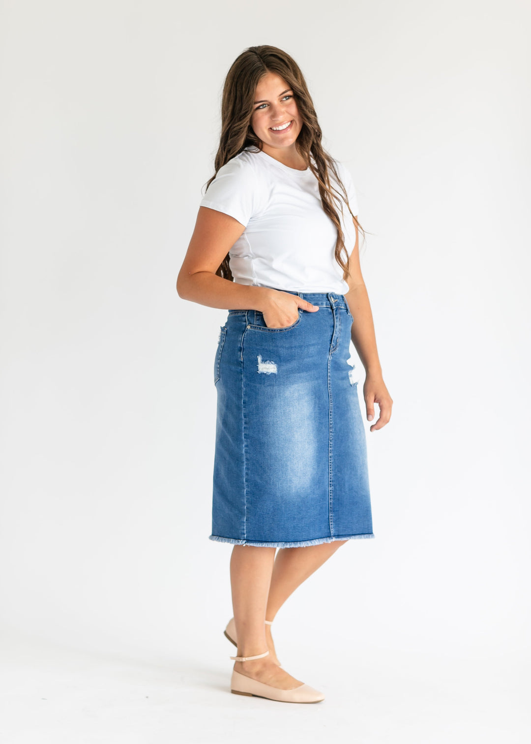 Hadley High Rise Denim Midi Skirt