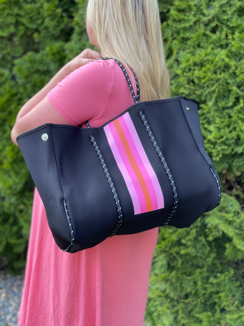 The Aniella Neoprene Tote - Black with Pink & Orange Stripe