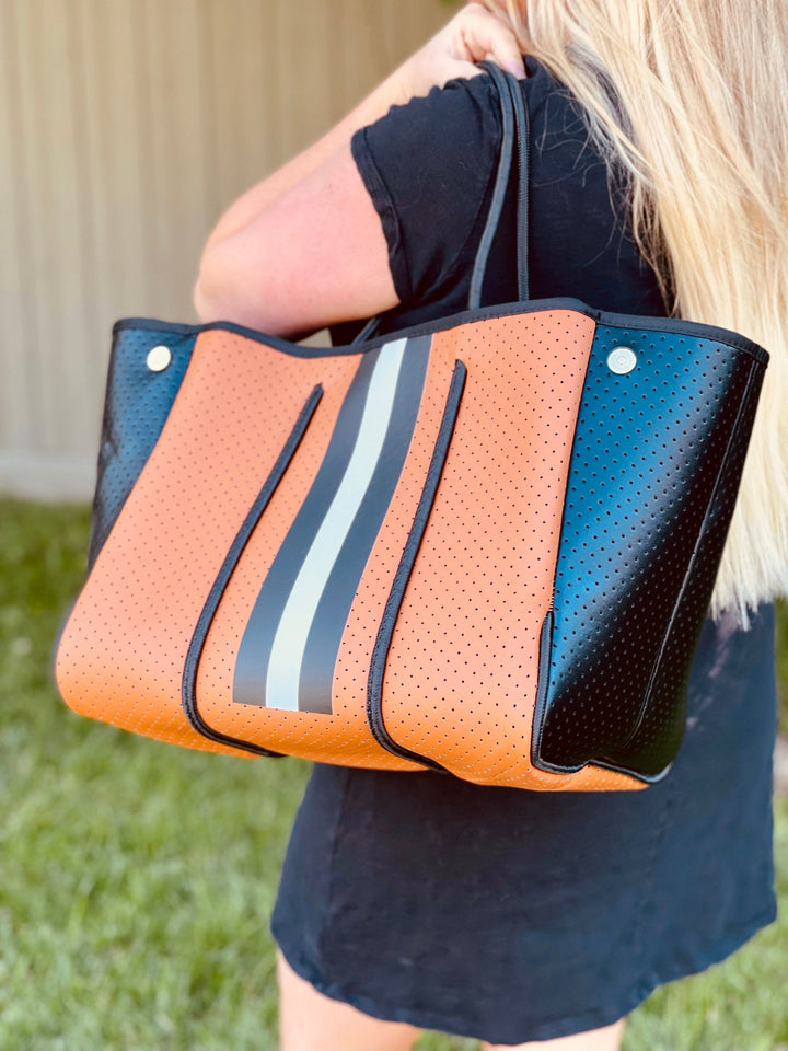 The Aniella Neoprene Tote - Brown and Black with White Stripe