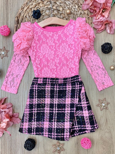 Rosy Daydream Pink Rosette Sleeve Lace Top and Skort Set