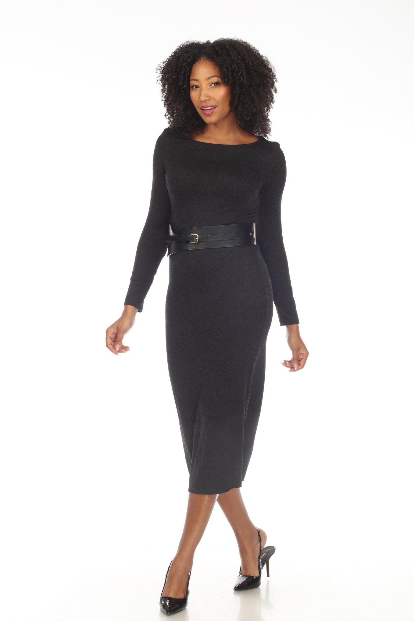 Joseph Ribkoff Charcoal Grey Belted Long Sleeve Knit Midi Dress 233273