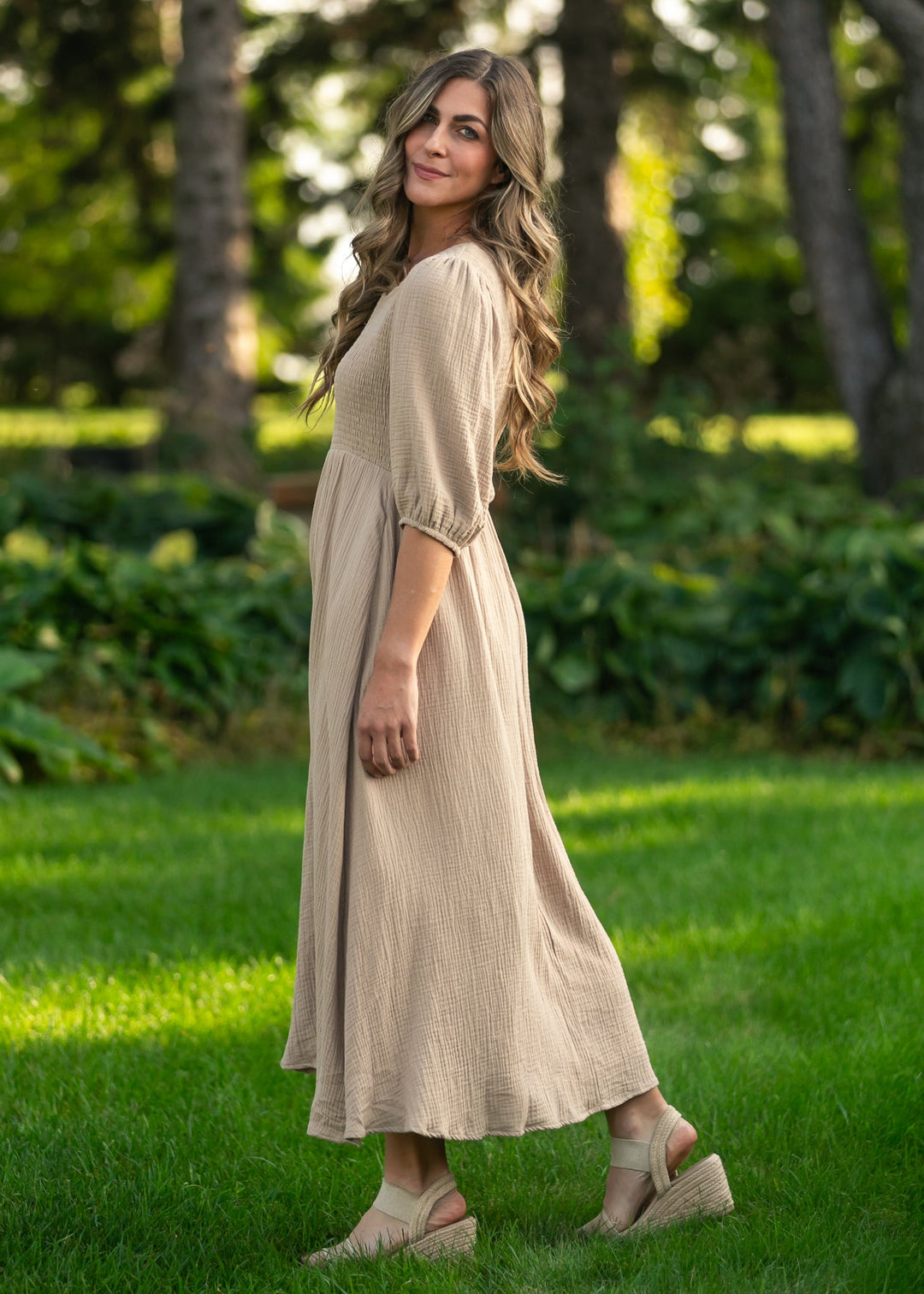 Kayleen Tan Smocked Bodice Gauze Dress