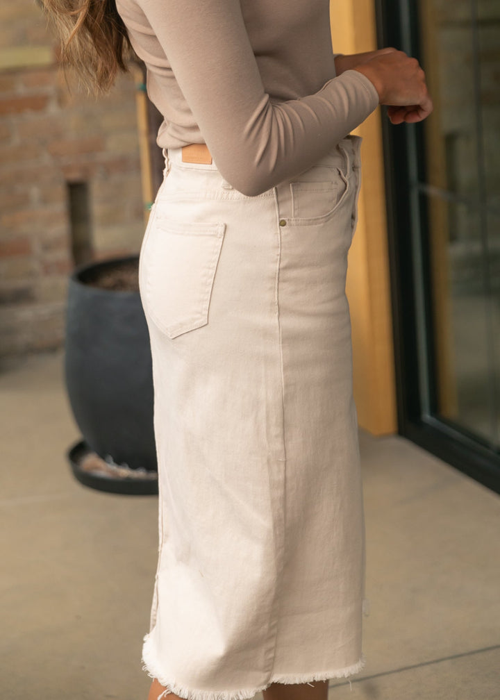 Kobe Raw Hem Denim Midi Skirt