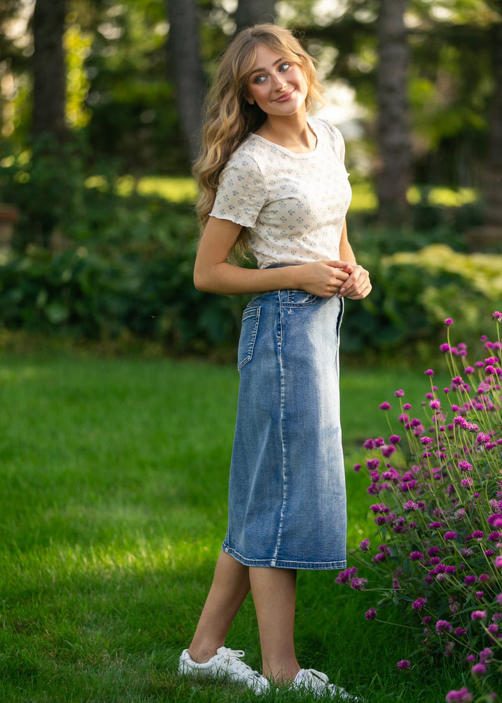 Larza Blue Floral Lettuce Hem Top