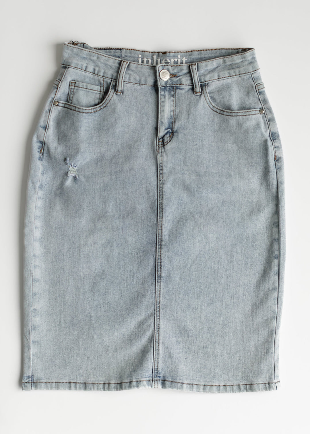 Maelia Distressed Denim Midi Skirt