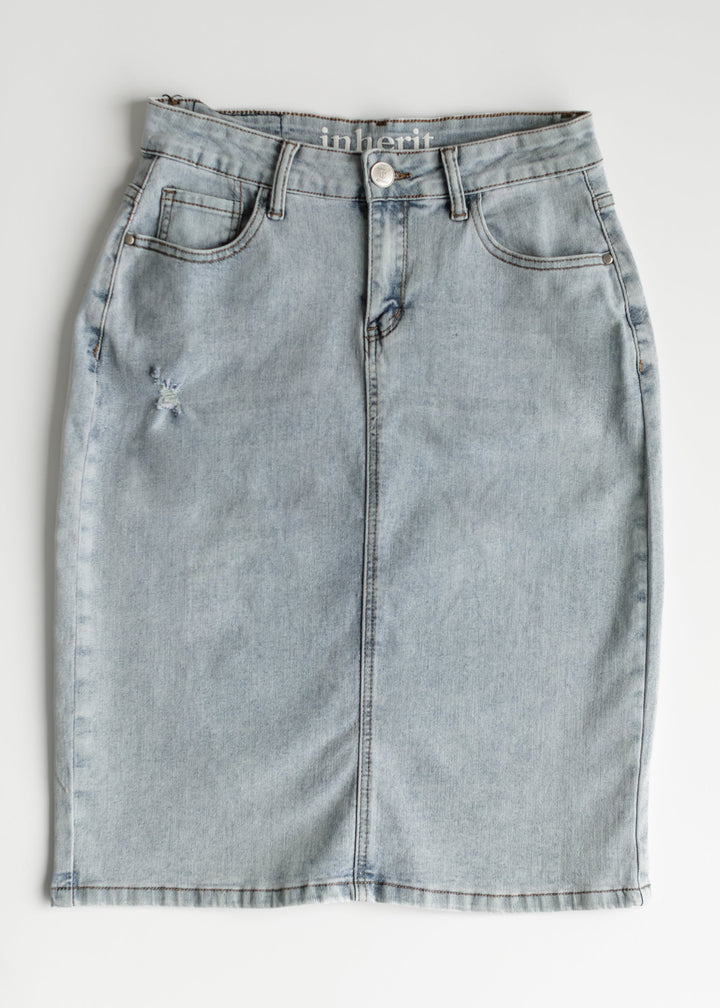 Maelia Distressed Denim Midi Skirt