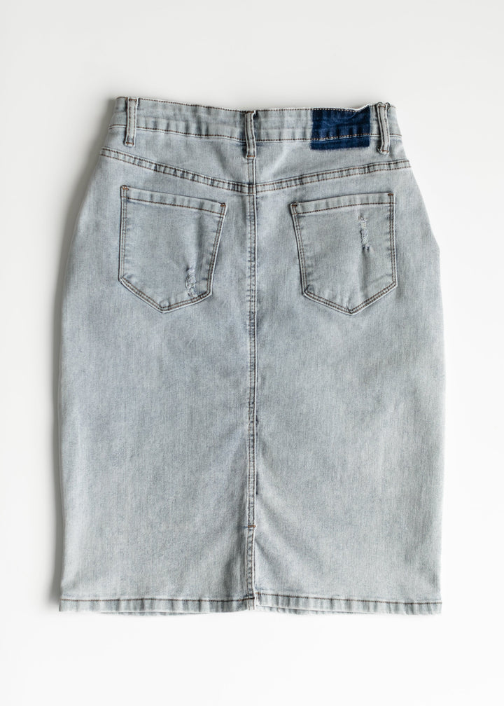 Maelia Distressed Denim Midi Skirt