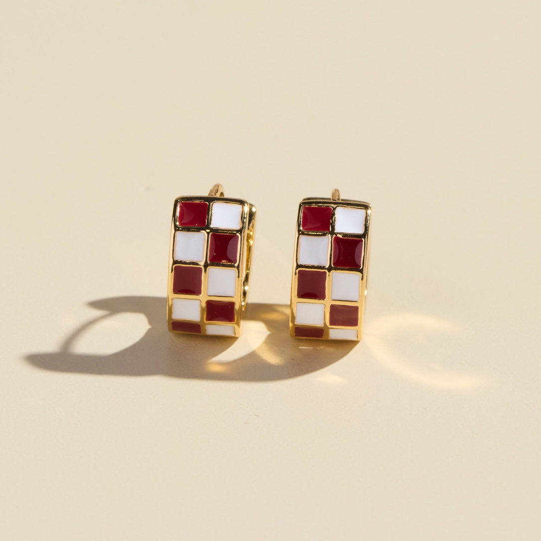 Maroon & White Checkered Enamel Huggies