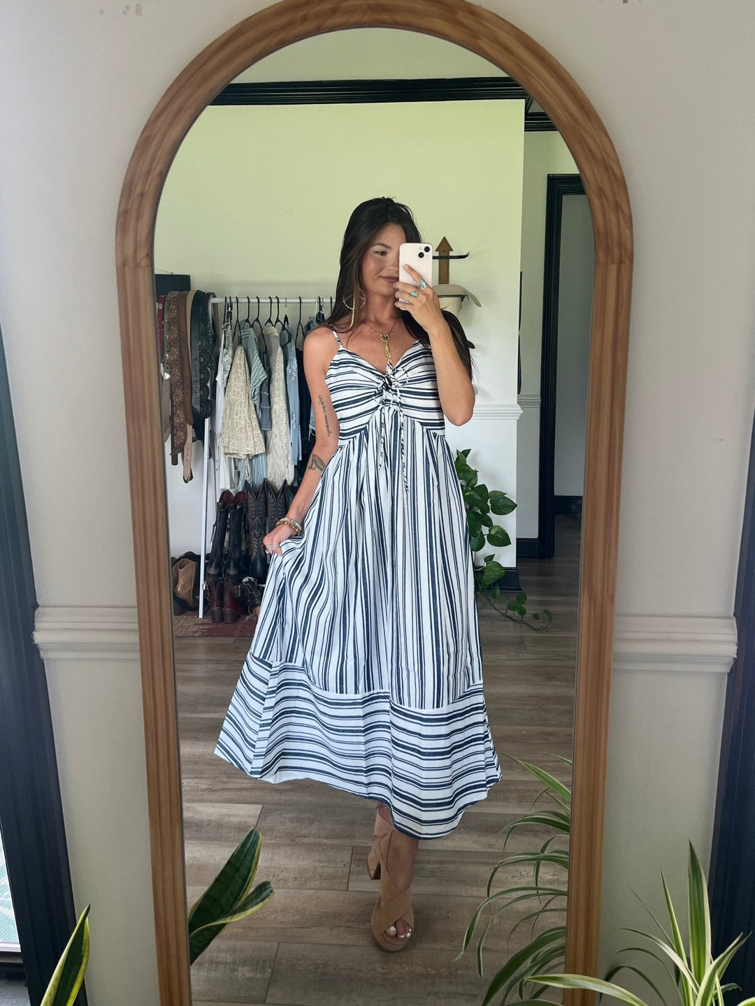 Navy and White Striped Tie Front Midi Dress - FINAL SALE