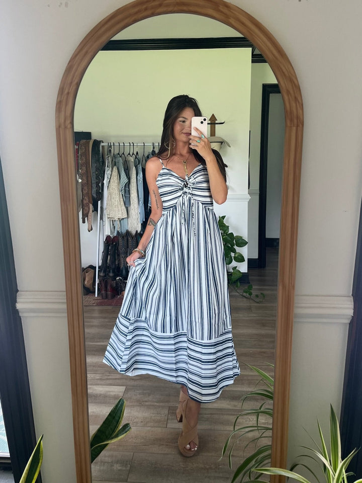Navy and White Striped Tie Front Midi Dress - FINAL SALE