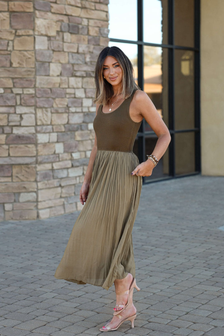 Olive Scoop Neck Pleated Tank Midi Dress - DOORBUSTER