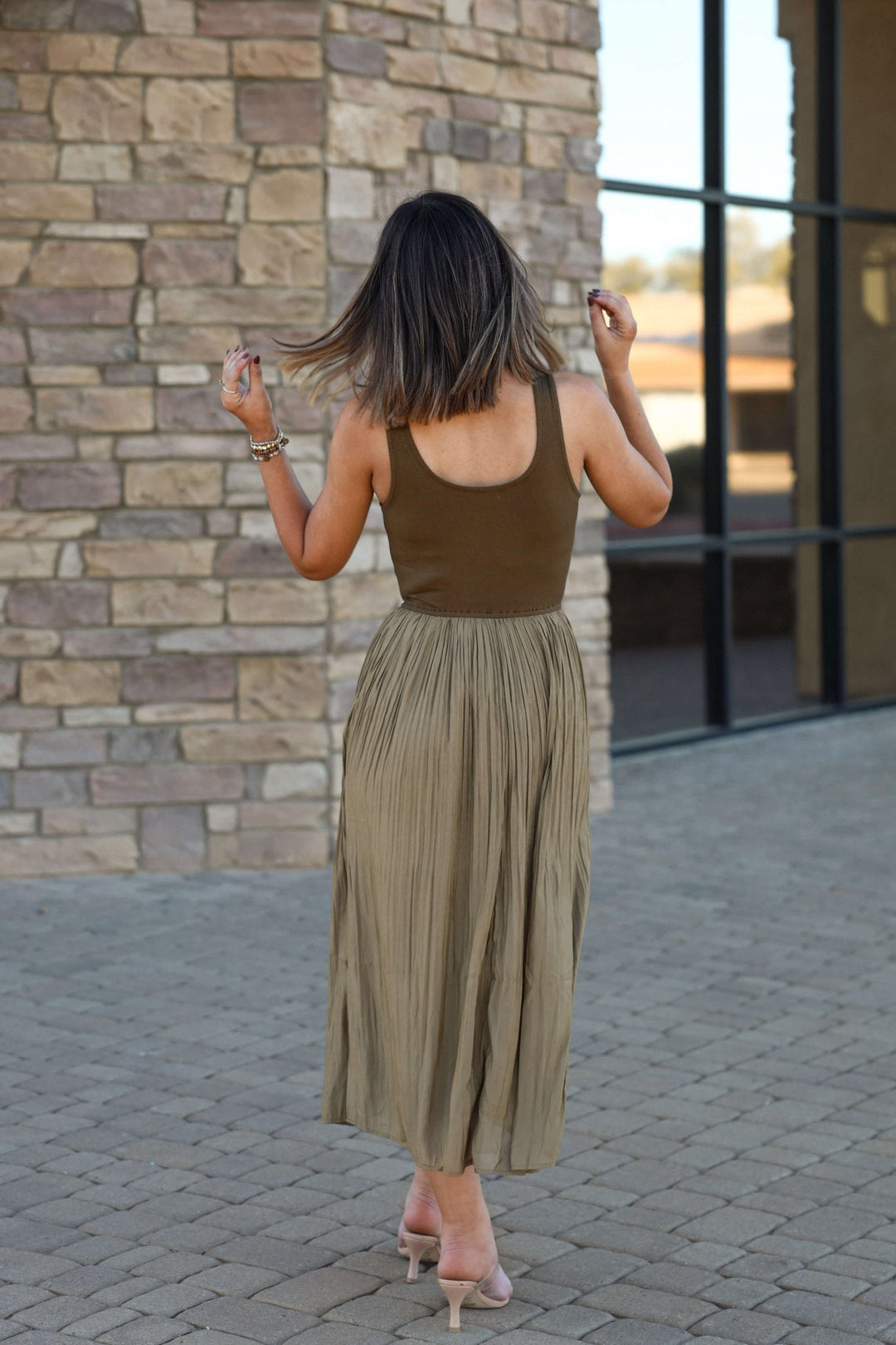Olive Scoop Neck Pleated Tank Midi Dress - DOORBUSTER