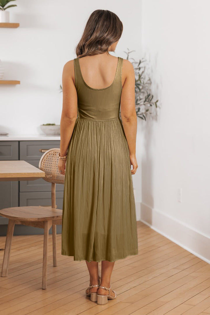 Olive Scoop Neck Pleated Tank Midi Dress - DOORBUSTER