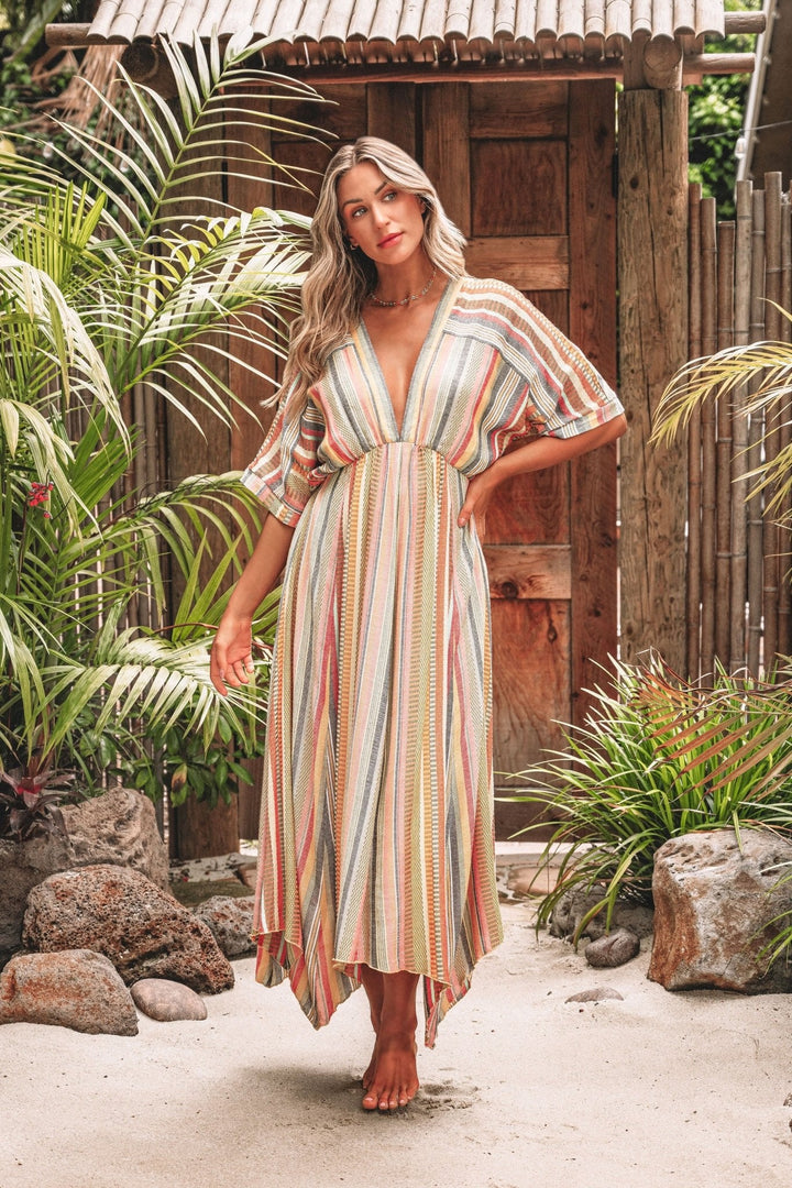 Pink Multi Stripe Kimono Sleeve Midi Dress - FINAL SALE