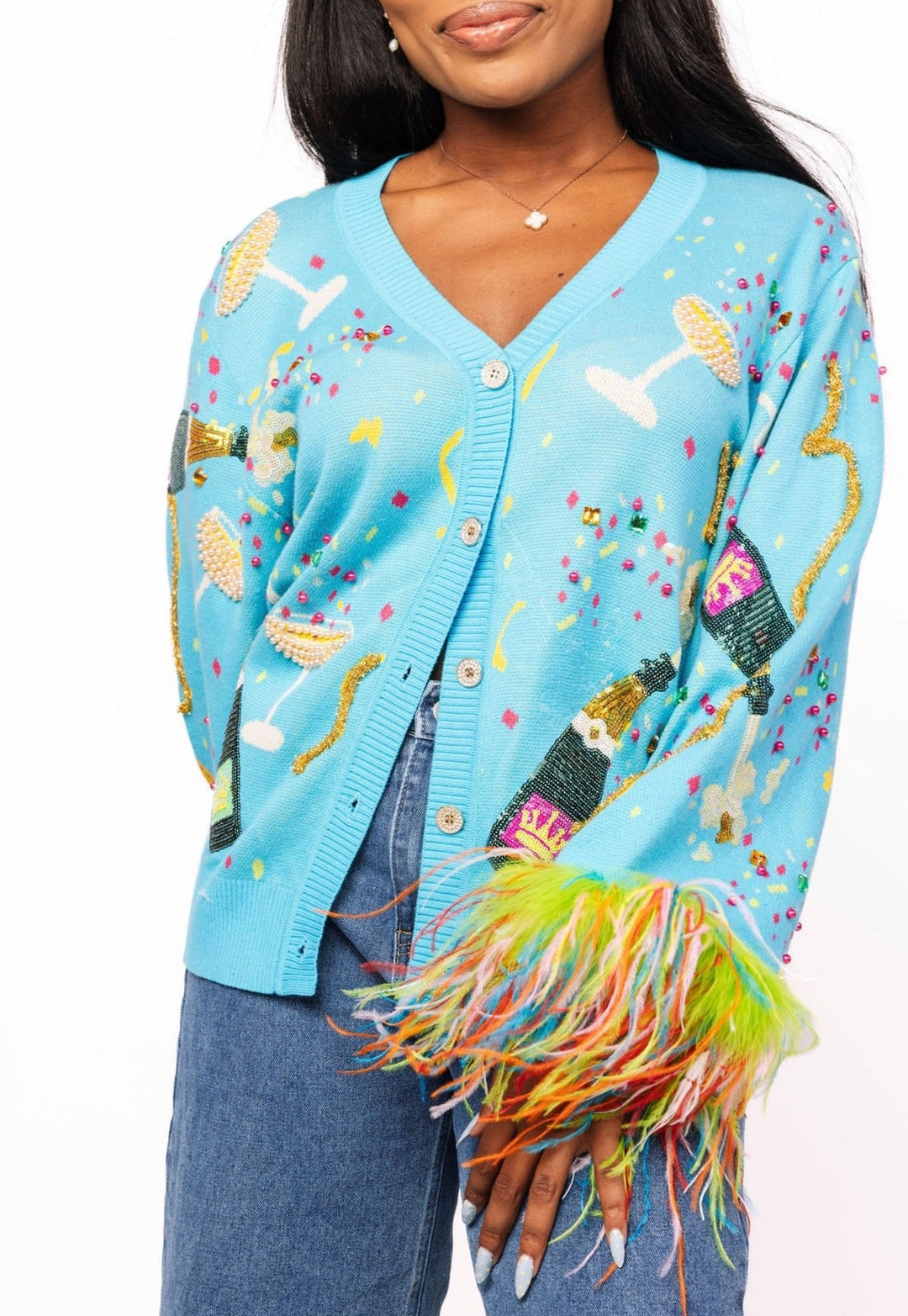 Queen of Sparkles Aqua Popping Champagne Bottle & Coupe Feather Sleeve Button Up Cardigan