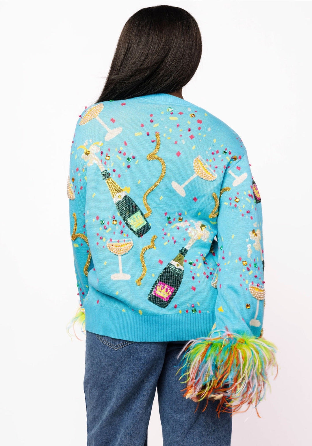 Queen of Sparkles Aqua Popping Champagne Bottle & Coupe Feather Sleeve Button Up Cardigan