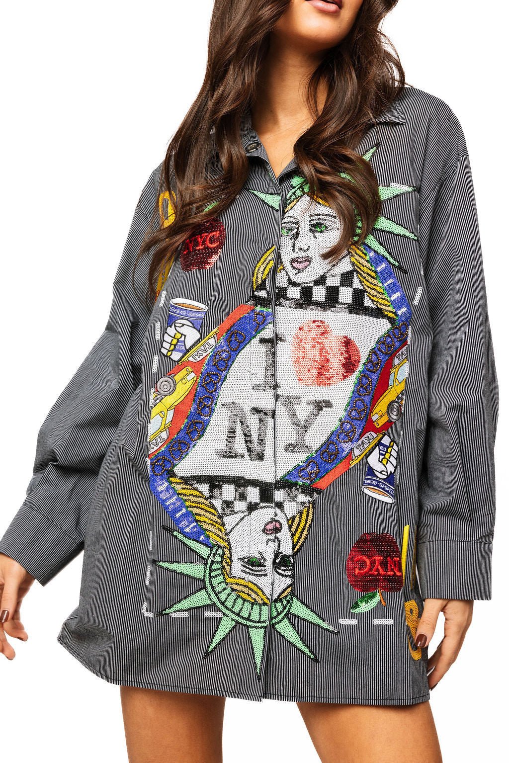 Queen of Sparkles Black Striped NYC Queen Card Logo Button Up Cotton Tunic