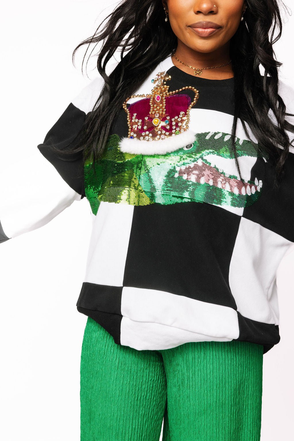 Queen of Sparkles Black & White Checkered Alligator Queen Sweatshirt
