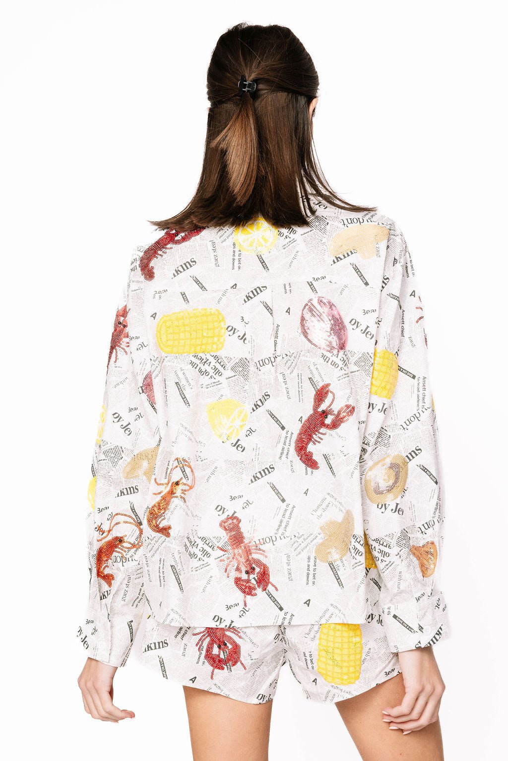 Queen of Sparkles Black & White Seafood on Newspaper Button Up Top